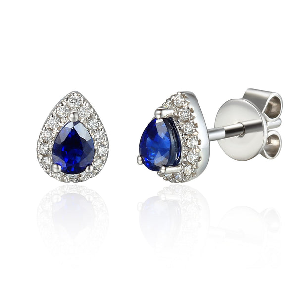 18ct White Gold 0.35ct Pear Cut Blue Sapphire And 0.09ct Diamond Halo Stud Earrings