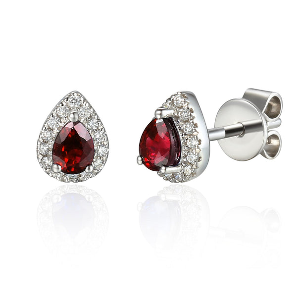 18ct White Gold 0.38ct Pear Cut Ruby And 0.09ct Diamond Halo Stud Earrings