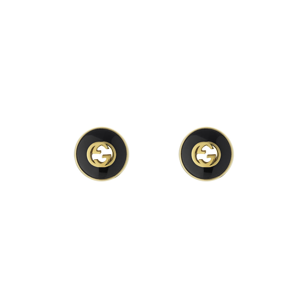 Gucci Interlocking 18ct Yellow Gold Black Onyx Stud Earrings YBD78655400100U