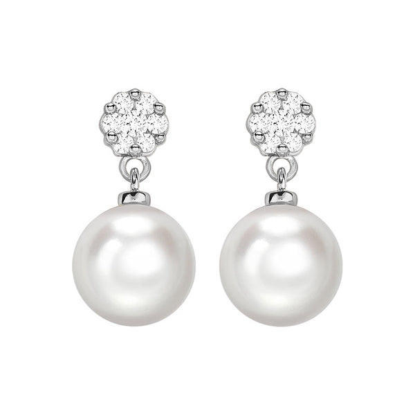 9ct White Gold Freshwater Pearl And 0.19ct Diamond Cluster Drop Earrings