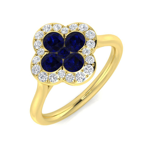 18ct Yellow Gold 0.65ct Blue Sapphire And 0.22ct Diamond Clover Ring