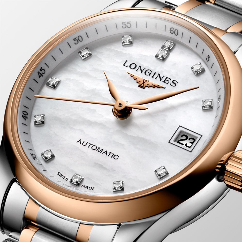 Longines Master Collection 25.5mm MOP Diamond Dot Dial 18ct Rose Gold Capped Steel Automatic Ladies Watch L2.128.5.89.7