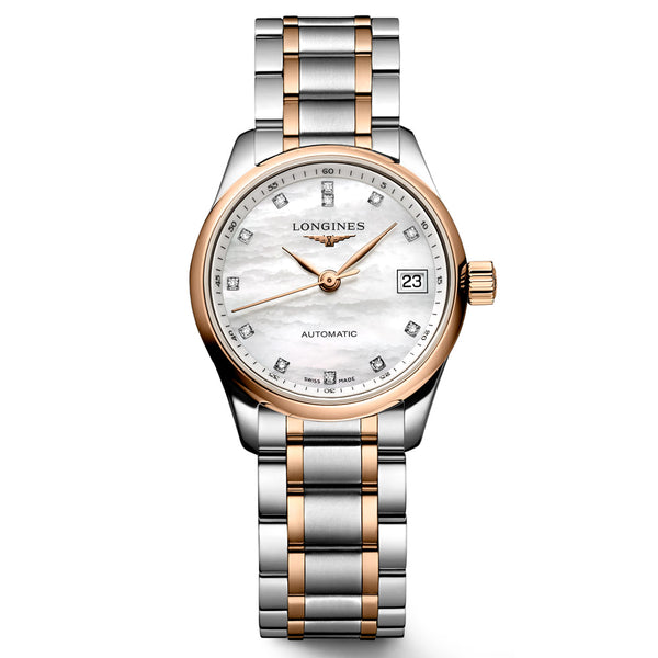 Longines Master Collection 25.5mm MOP Diamond Dot Dial 18ct Rose Gold Capped Steel Automatic Ladies Watch L2.128.5.89.7