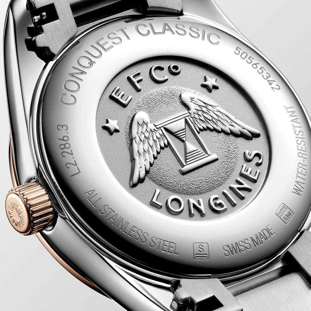 Longines Conquest Classic 29.5mm MOP Diamond Dot Dial Red PVD Steel Ladies Quartz Watch L2.286.3.87.7