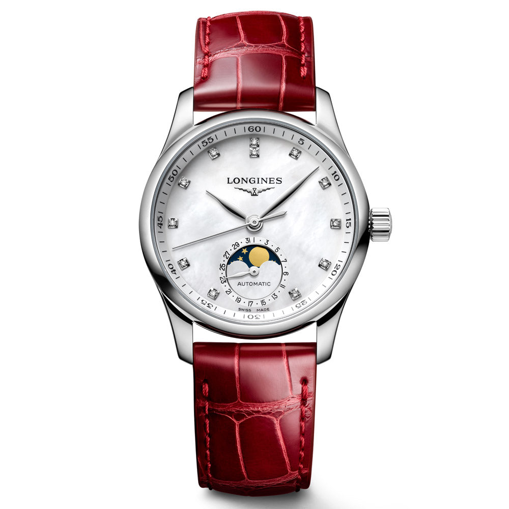 Longines Master Collection 34mm MOP Diamond Dot Dial Moonphase Automatic Ladies Watch L2.409.4.87.2