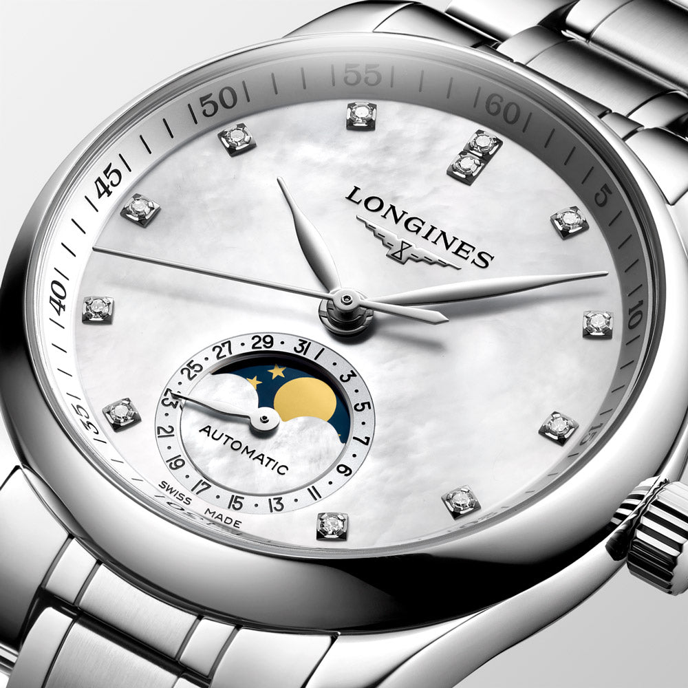 Longines Master Collection 34mm MOP Diamond Dot Dial Moonphase Automatic Ladies Watch L2.409.4.87.6