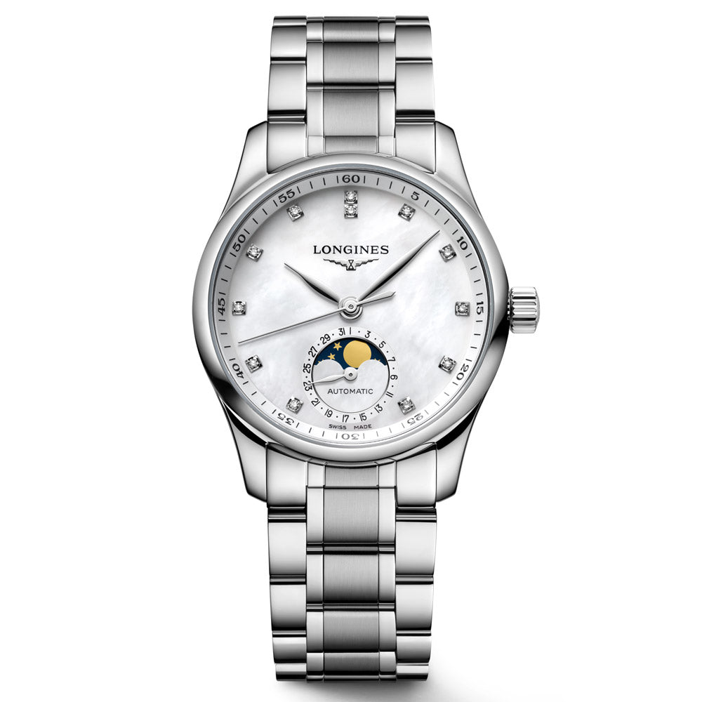 Longines Master Collection 34mm MOP Diamond Dot Dial Moonphase Automatic Ladies Watch L2.409.4.87.6