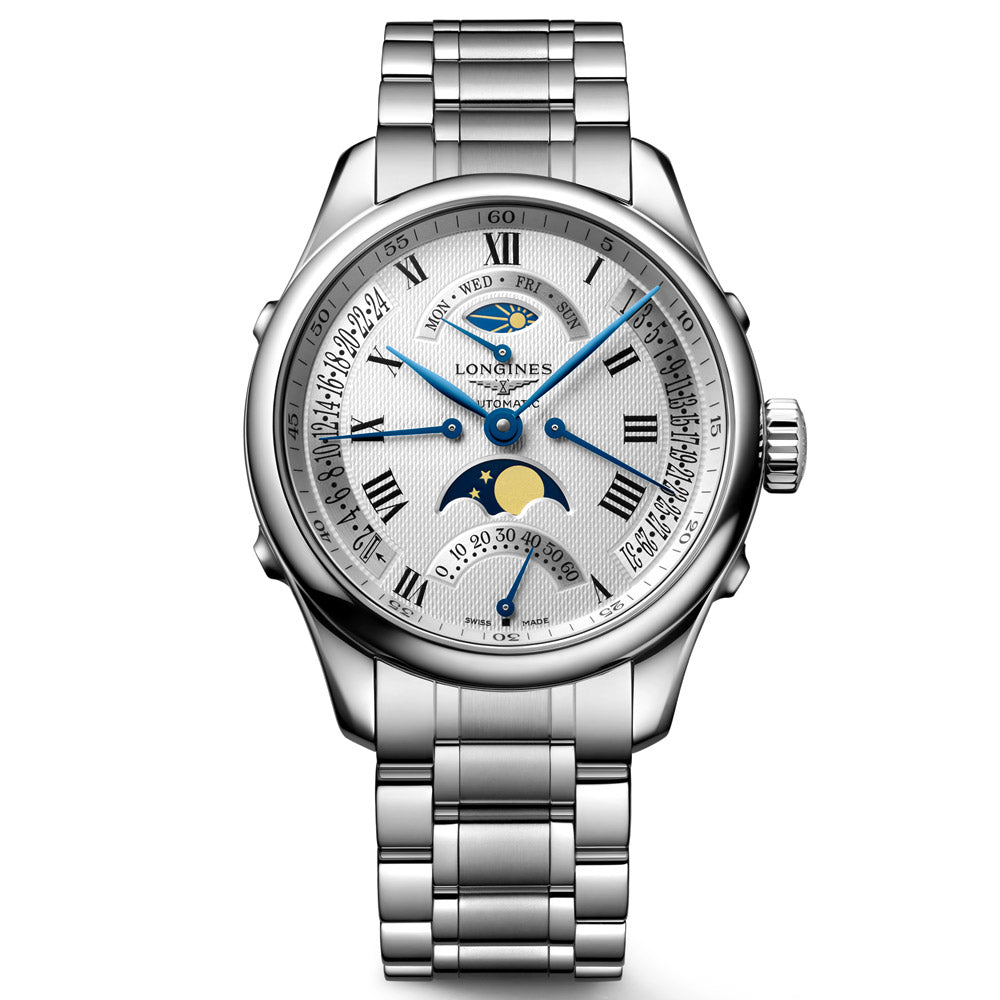 Longines Master Collection 41mm Silver Dial Day Date Moonphase Second Time Zone Automatic Gents Watch L2.738.4.71.6