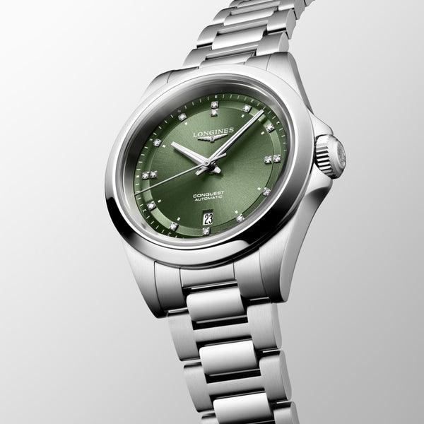 Longines Conquest 30mm Green Dial Diamond Automatic Ladies Watch L3.320.4.07.6