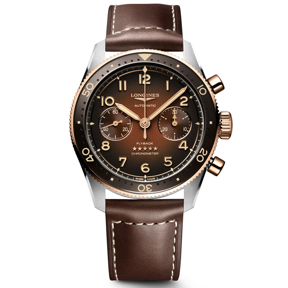 Longines Spirit Flyback 42mm Brown Dial 18ct Pink Gold Capped Steel Automatic Chronograph Gents Watch L3.821.5.59.2