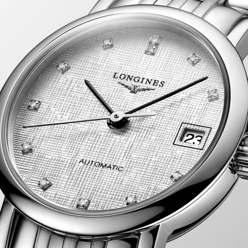 Longines Elegant Collection 25.5mm Striped Silver Diamond Dot Dial Automatic Ladies Watch L4.309.4.77.6