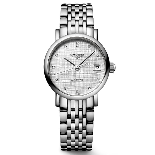 Longines Elegant Collection 25.5mm Striped Silver Diamond Dot Dial Automatic Ladies Watch L4.309.4.77.6