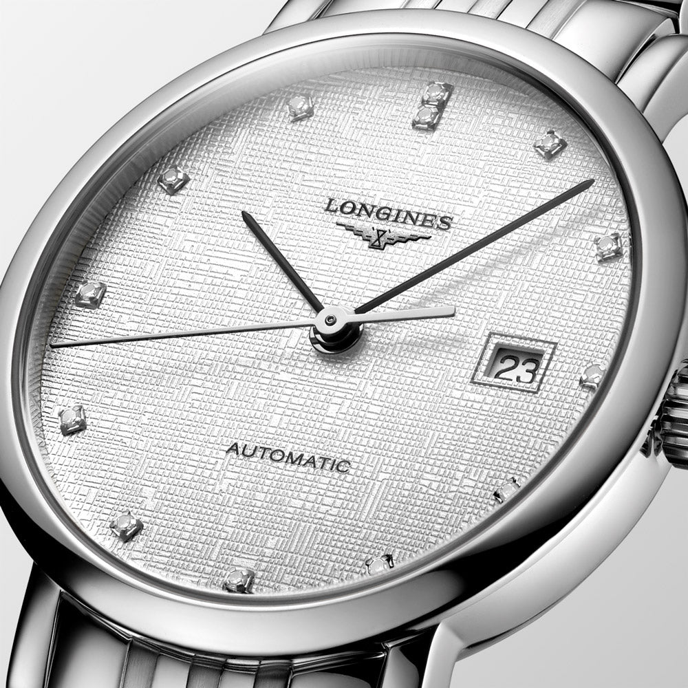 Longines Elegant Collection 29mm Striped Silver Diamond Dot Dial Automatic Ladies Watch L4.310.4.77.6