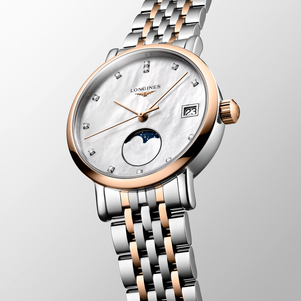 Longines Elegant Collection 30mm MOP Diamond Dot Dial Moon Phase 18ct Rose Gold Capped Steel Quartz Ladies Watch L4.330.5.87.7