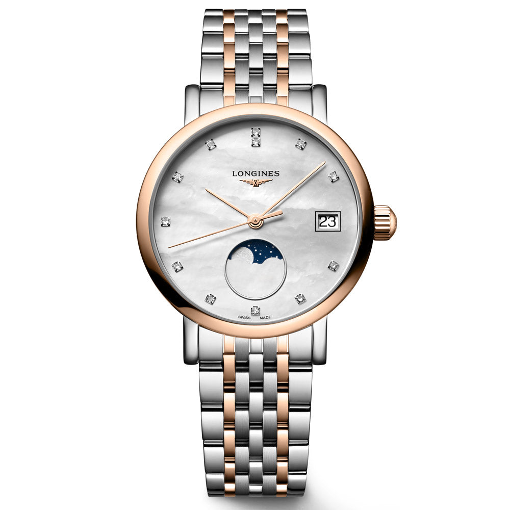 Longines Elegant Collection 30mm MOP Diamond Dot Dial Moon Phase 18ct Rose Gold Capped Steel Quartz Ladies Watch L4.330.5.87.7