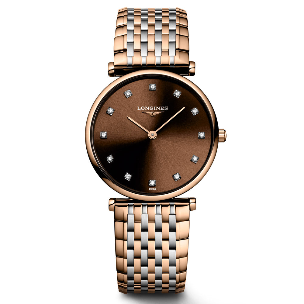 Longines La Grande Classique 29mm Brown Dial Red PVD Steel Diamond Ladies Quartz Watch L4.512.1.67.7