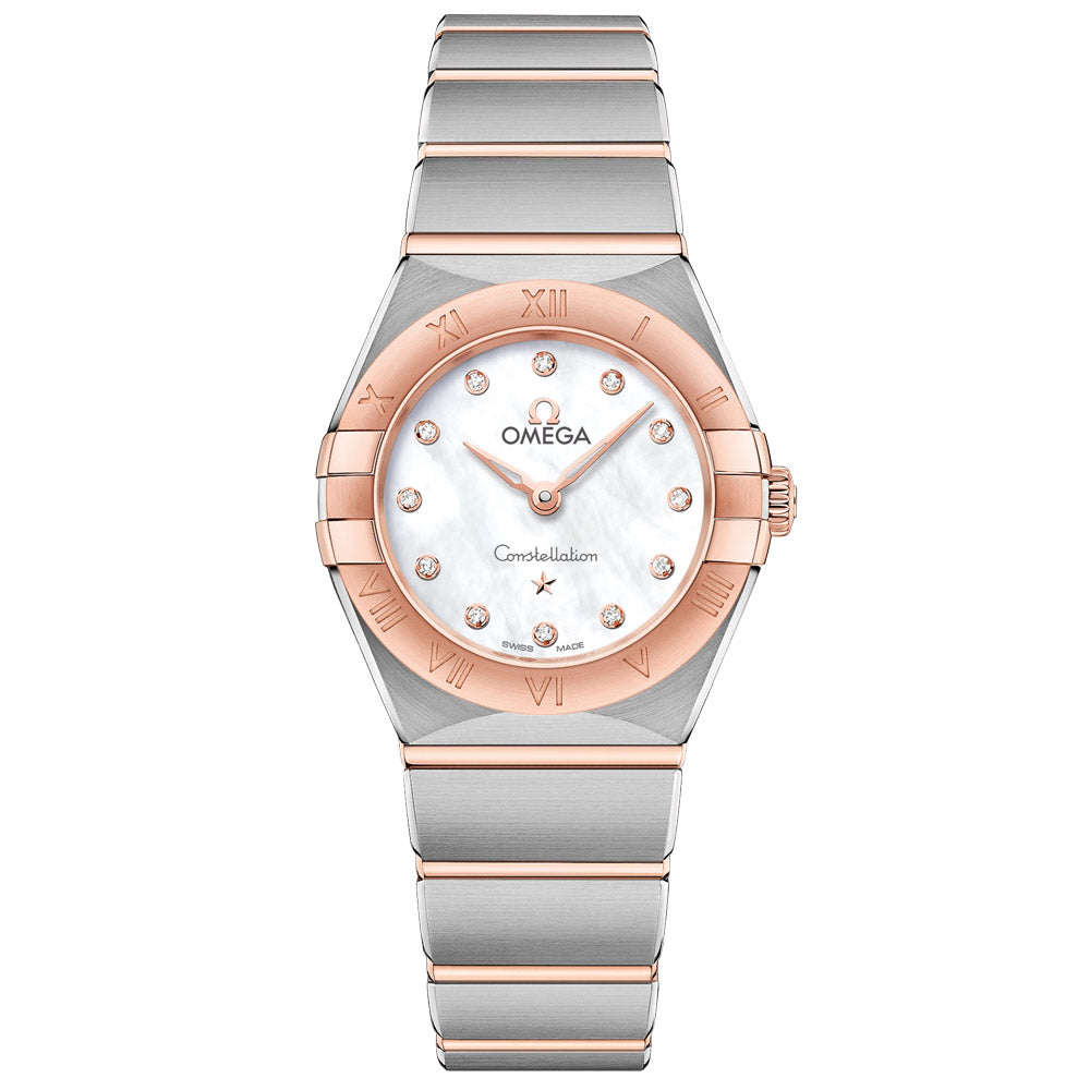 OMEGA Constellation 25mm MOP Dial 18ct Rose Gold & Steel Diamond Ladies Quartz Watch 13120256055001