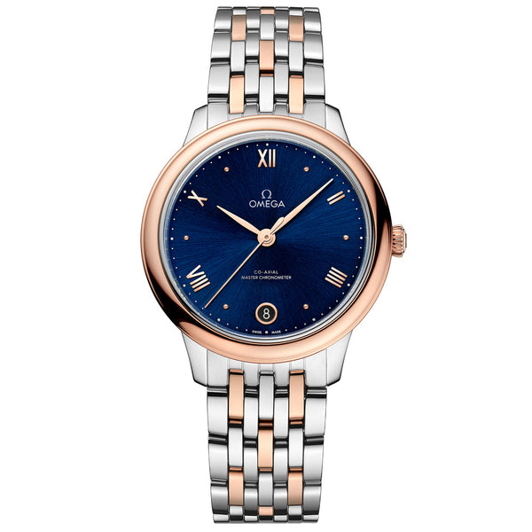 Omega De Ville Prestige 34mm Blue Dial 18ct Rose Gold & Steel Ladies Automatic Watch 43420342003001