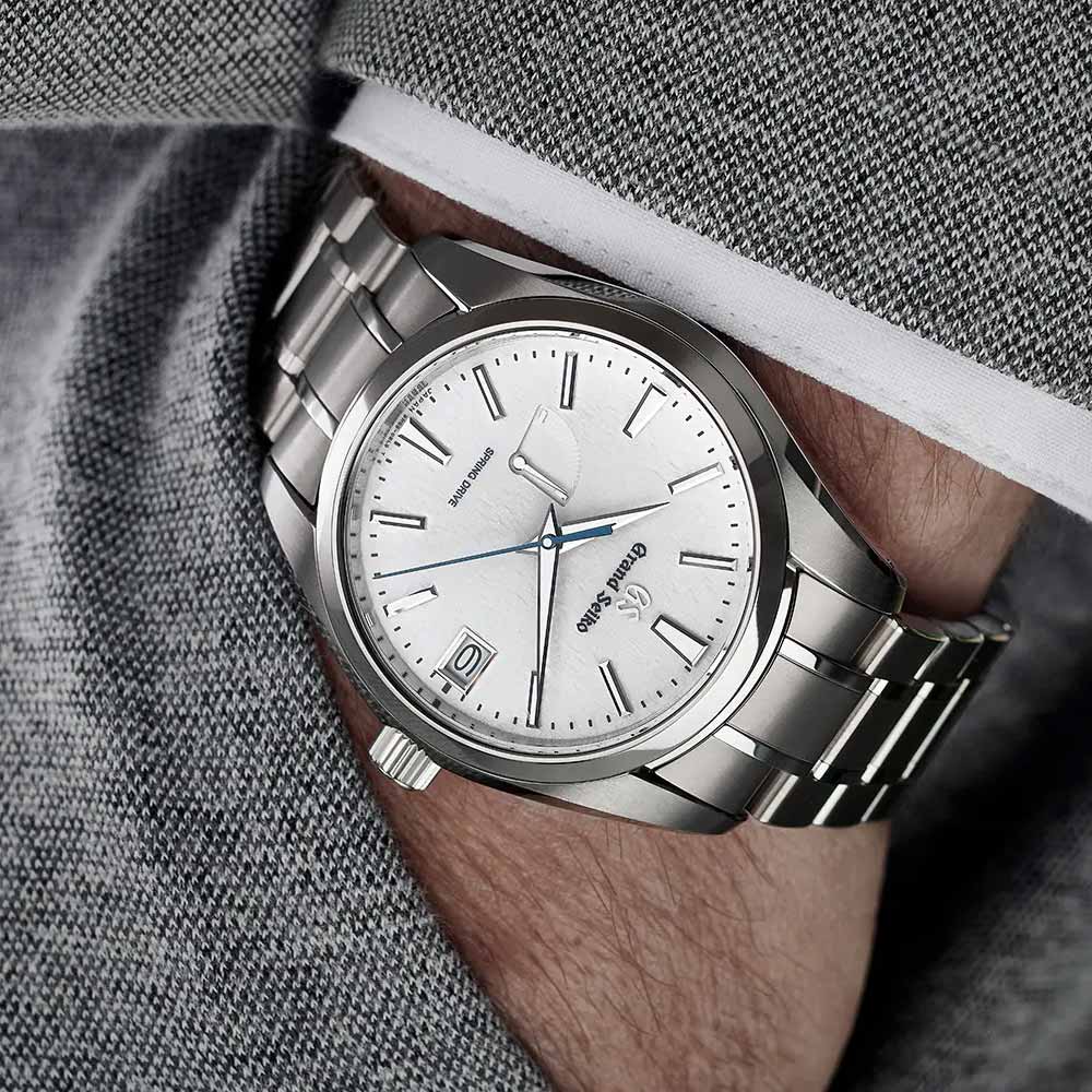 grand seiko heritage collection spring drive snowflake 41mm white dial titanium gents watch wrist shot