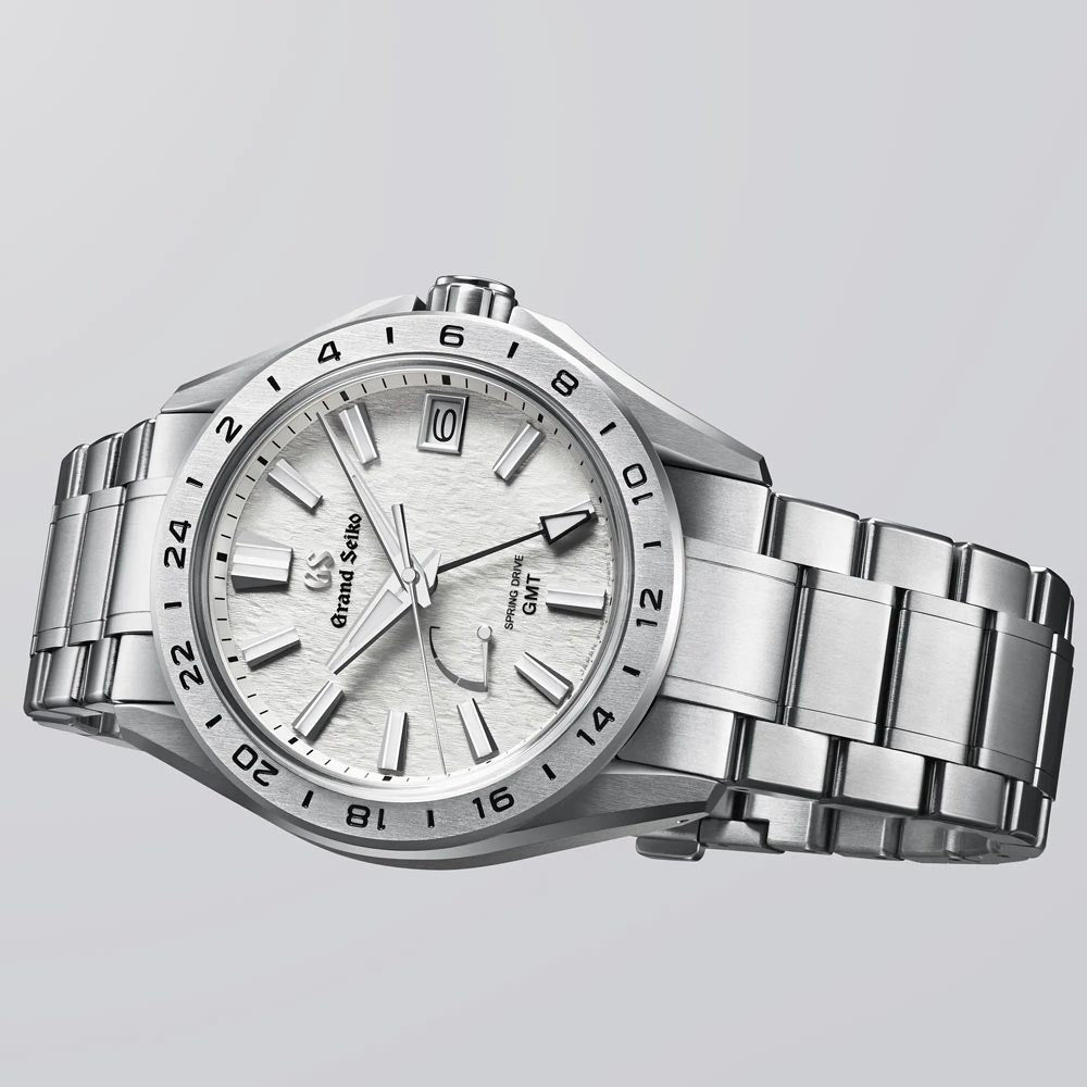 grand seiko evolution 9 mistflake spring drive gmt 41mm grey dial titanium gents watch