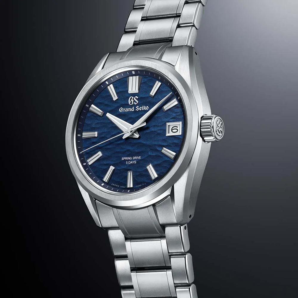 grand seiko evolution 9 spring drive suwa lake 40mm blue dial titanium gents watch side view