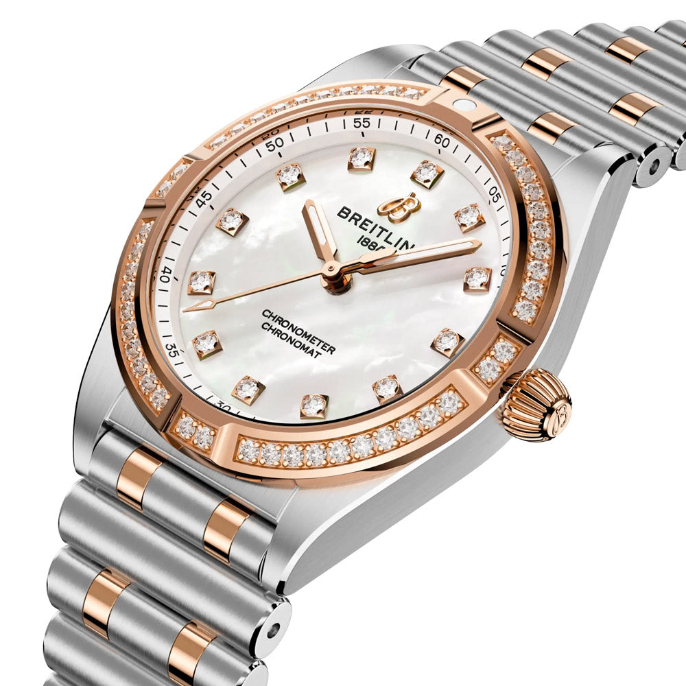 Breitling Chronomat 28mm MOP Dial 18ct Rose Gold and Steel Quartz Ladies Watch U72310531A1U1