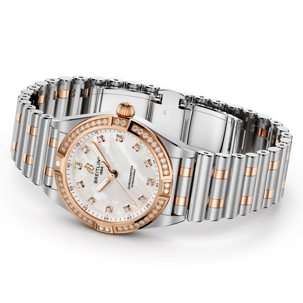 Breitling Chronomat 28mm MOP Dial 18ct Rose Gold and Steel Quartz Ladies Watch U72310531A1U1