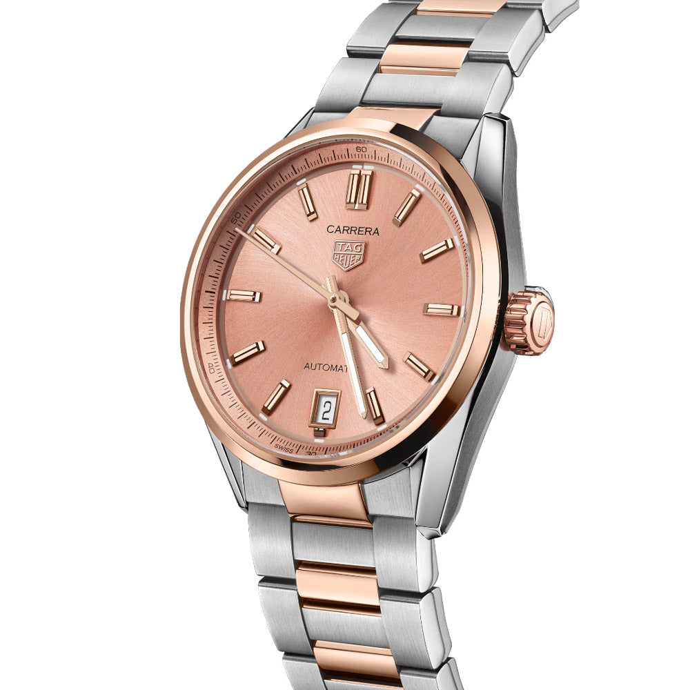 TAG Heuer Carrera Date 36mm Pink Dial 18ct Rose Gold Capped Steel Automatic Ladies Watch WBN2350.BD0000