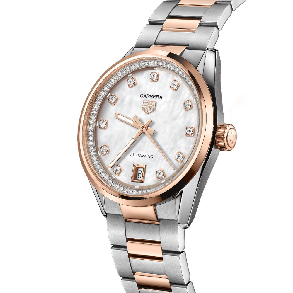 TAG Heuer Carrera Date 36mm MOP Diamond Dot Dial 18ct Rose Gold & Steel Automatic Ladies Watch WBN2351.BD0000