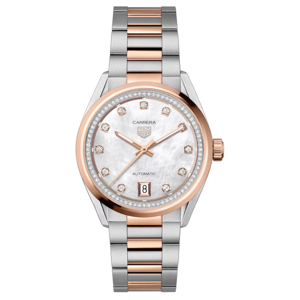 TAG Heuer Carrera Date 36mm MOP Diamond Dot Dial 18ct Rose Gold & Steel Automatic Ladies Watch WBN2351.BD0000
