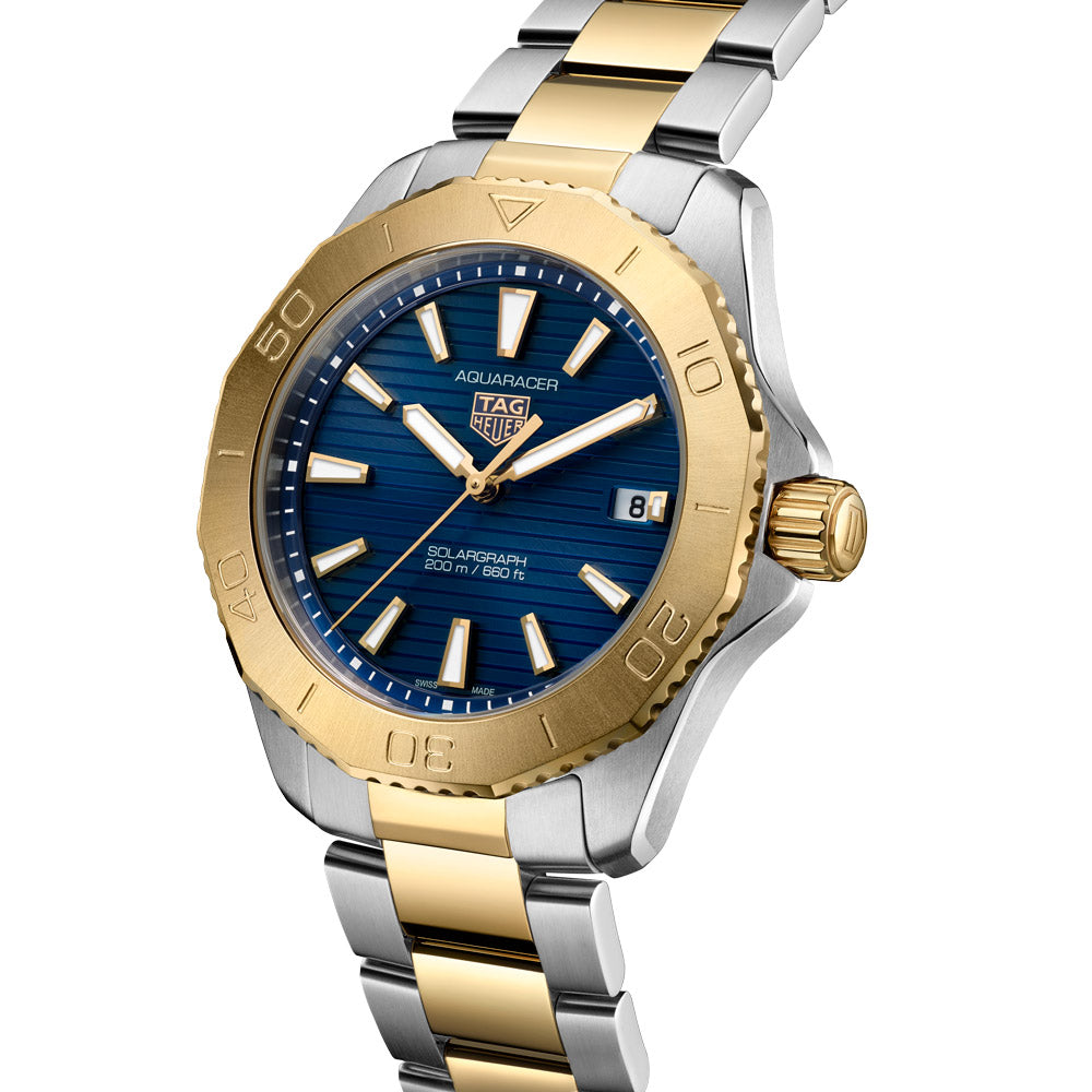 TAG Heuer Aquaracer Professional 200 Solargraph 40mm Blue Dial 18ct Gold Plated Steel Quartz Gents Watch WBP1120.BB0002