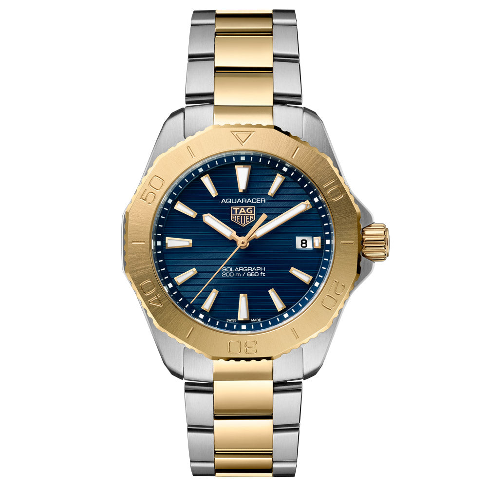 TAG Heuer Aquaracer Professional 200 Solargraph 40mm Blue Dial 18ct Gold Plated Steel Quartz Gents Watch WBP1120.BB0002