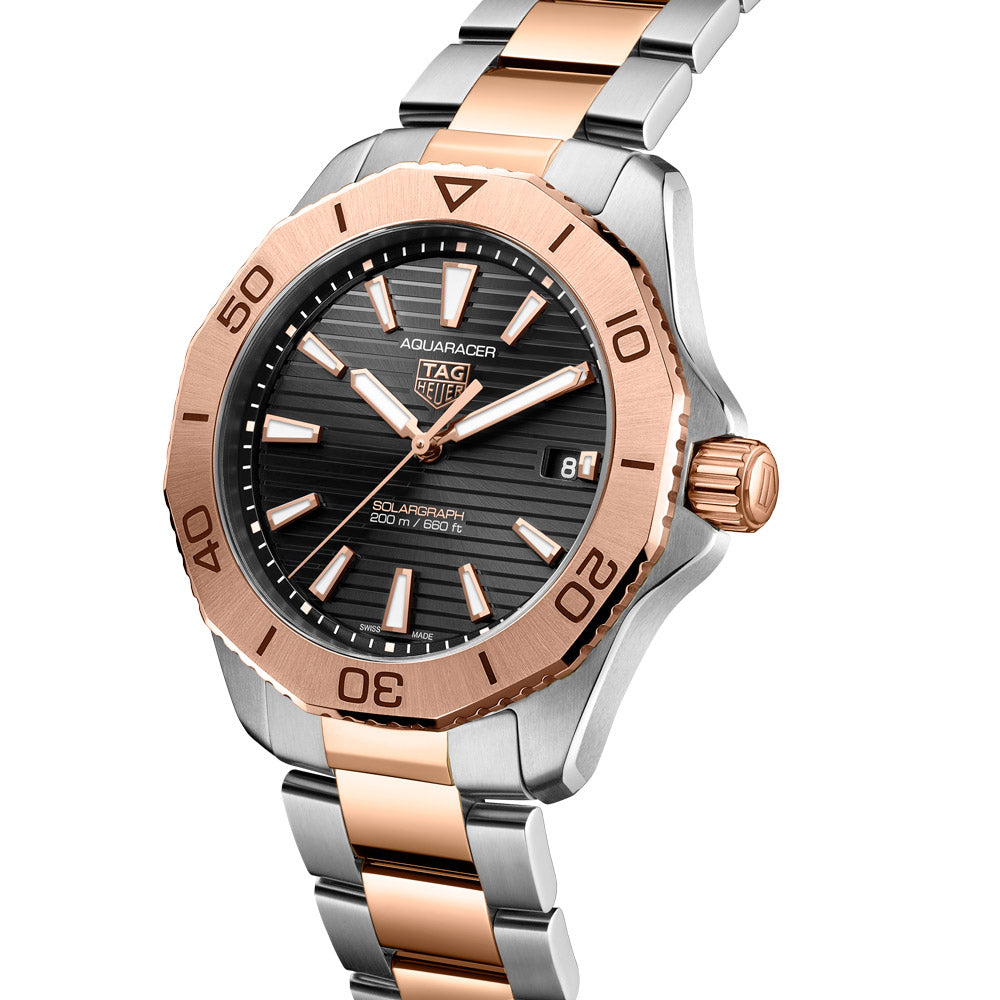 TAG Heuer Aquaracer Professional 200 Solargraph 40mm Black Dial 18ct Rose Gold Plated Steel Quartz Gents Watch WBP1121.BB0003