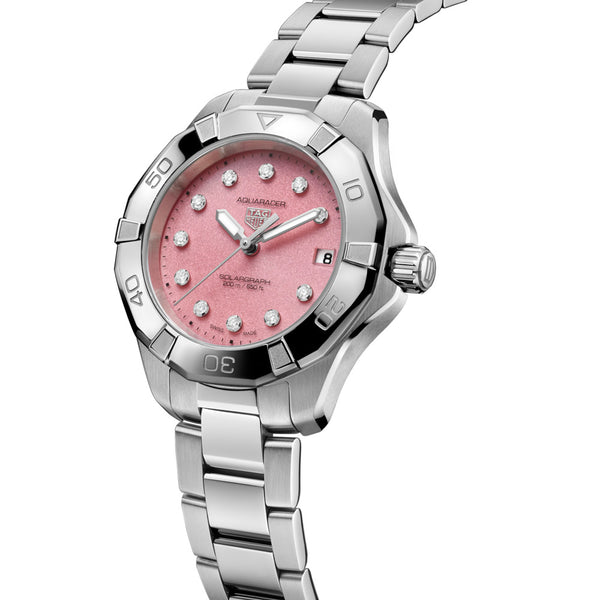 TAG Heuer Aquaracer Professional 200 Solargraph Pink Dial 34mm Diamond Quartz Ladies Watch WBP1318.BA0005