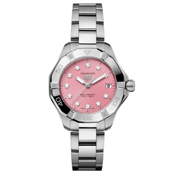 TAG Heuer Aquaracer Professional 200 Solargraph Pink Dial 34mm Diamond Quartz Ladies Watch WBP1318.BA0005