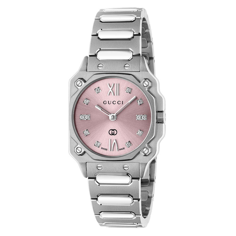 Gucci G-Flat Pink Diamond Dot Dial 24mm Ladies Quartz Watch YA166501