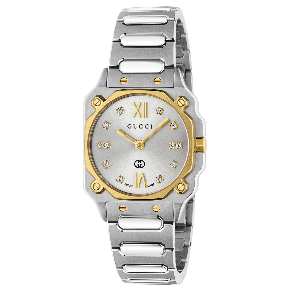 Gucci G-Flat Silver Diamond Dot Dial 24mm Ladies Quartz Watch YA166503