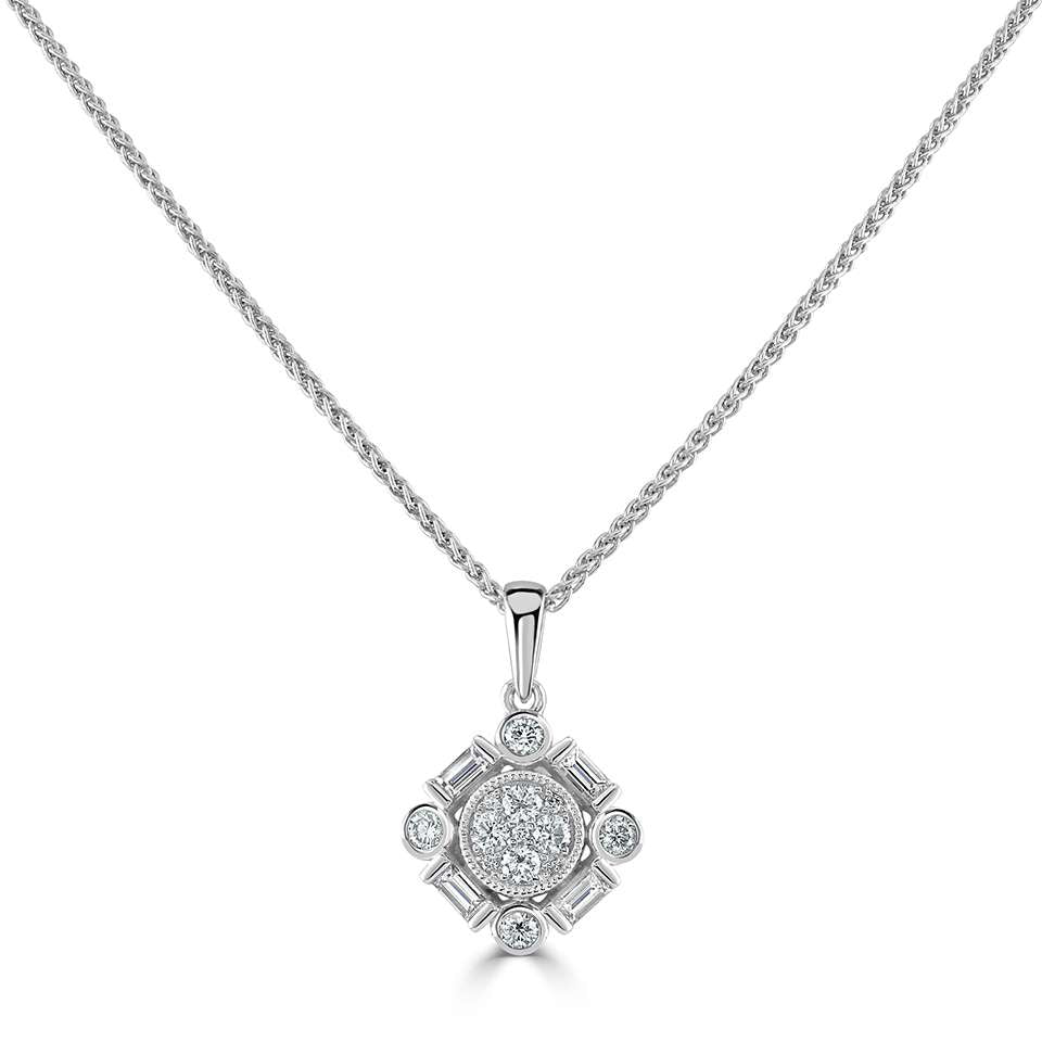 18ct White Gold 0.36ct Baguette and Round Brilliant Cut Diamond Pendant Only