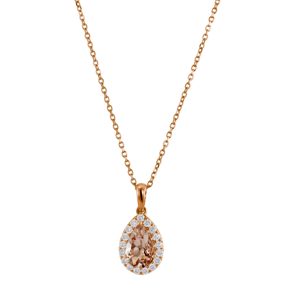 18ct Rose Gold 0.75ct Pear Cut Morganite And 0.21ct Diamond Halo Necklace
