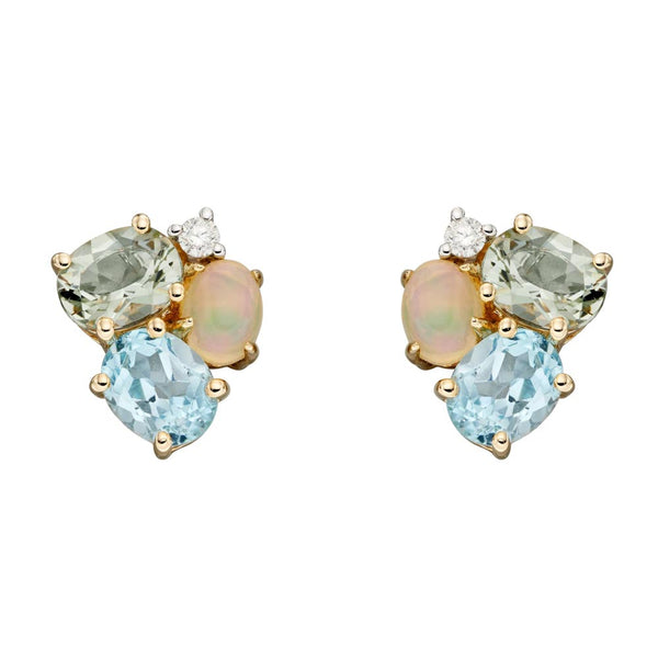 Gold Plated Sterling Silver Stud Earrings With Emerald Cut Blue Topaz top And Diamond