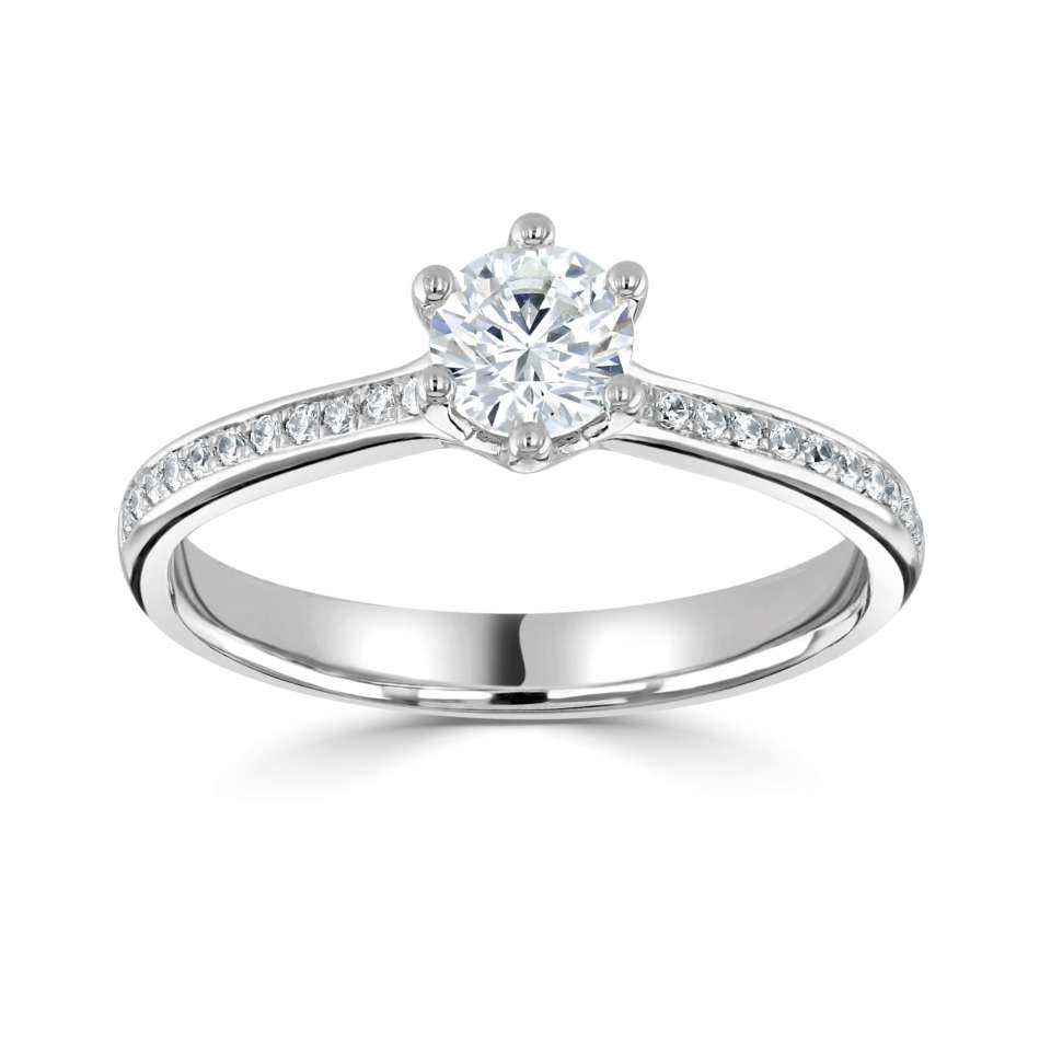 The Hibiscus Platinum Round Brilliant Cut Diamond Solitaire Engagement Ring With Diamond Set Shoulders