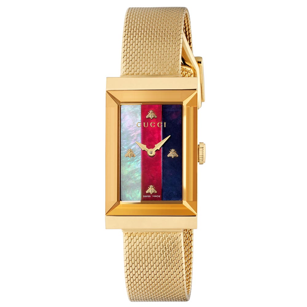 Gucci G Frame Gold PVD Mesh Strap Ladies Watch YA147511